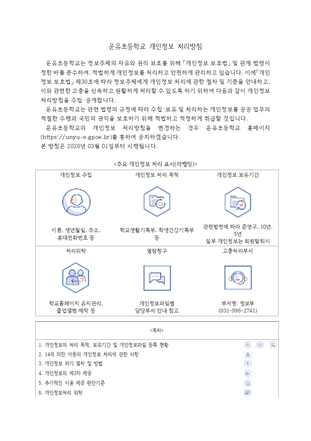 2026학년도 운유초등학교 개인정보 처리방침(0301)001