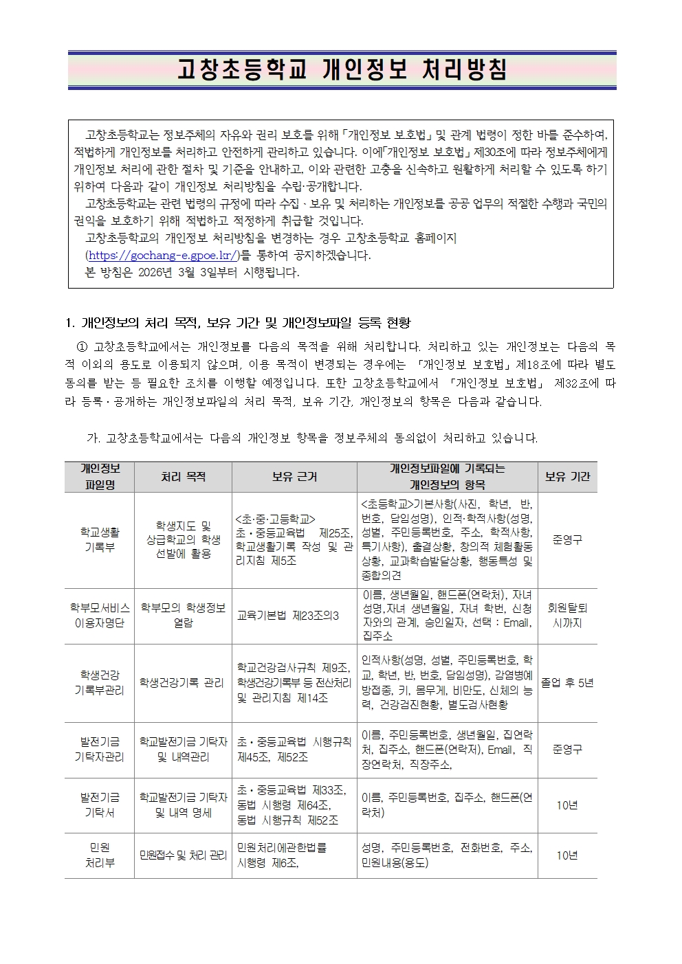 고창초등학교 개인정보처리 방침(2026)001